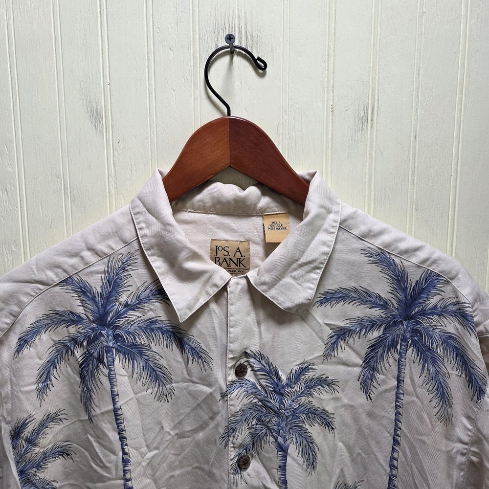Jos A Bank Shirt Mens Large Blue Palm Tree 100% Silk Tropical Hawaiian Button-Up
